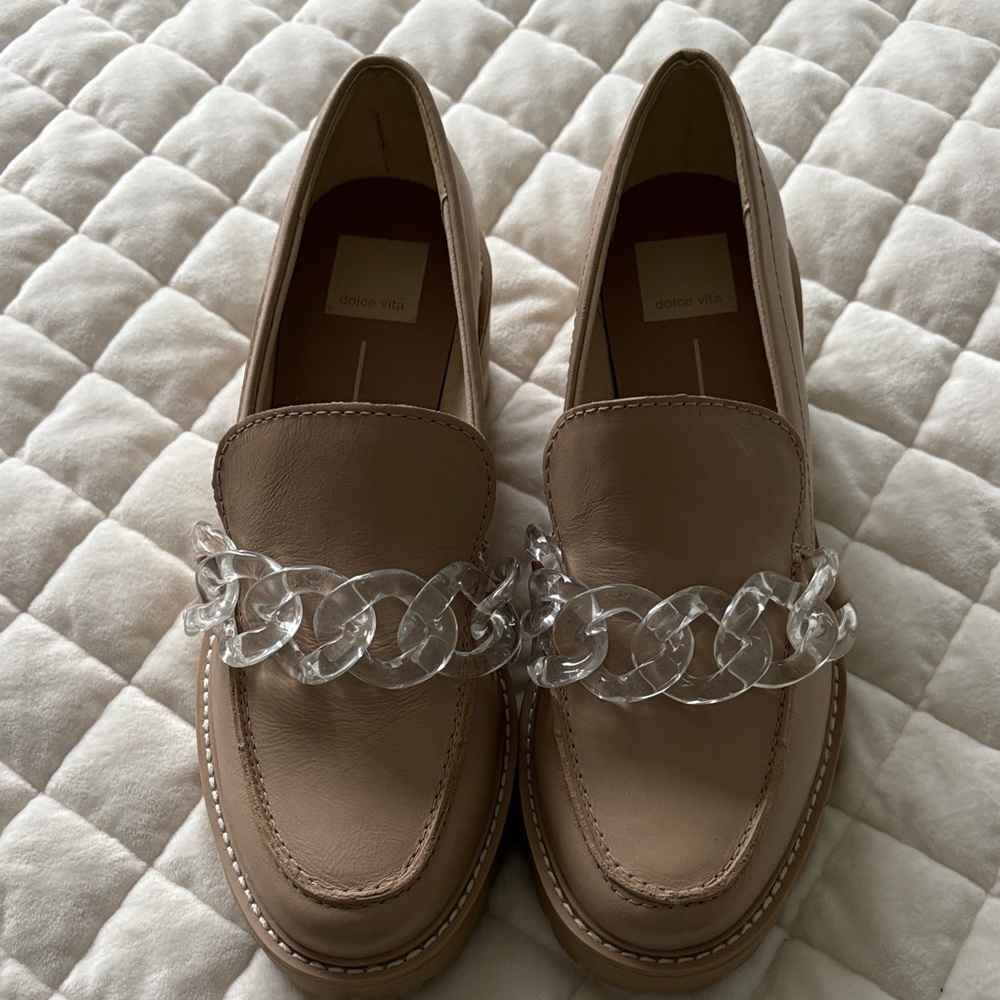Dolce Vita Beige Loafers with Clear Chain Accent